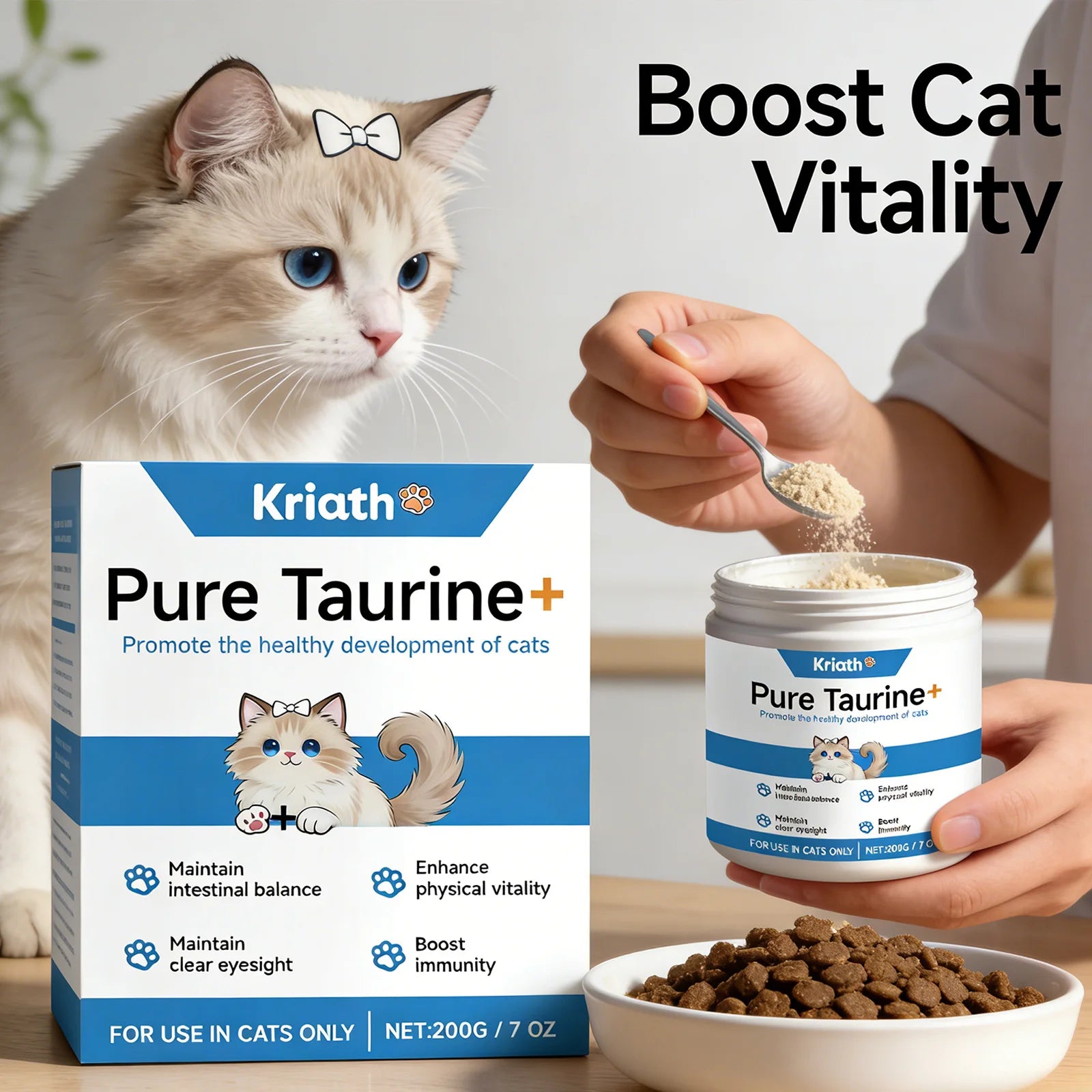 Taurine powder supplement for cats in a white jar, shown being sprinkled over kibble to support health and vitality.