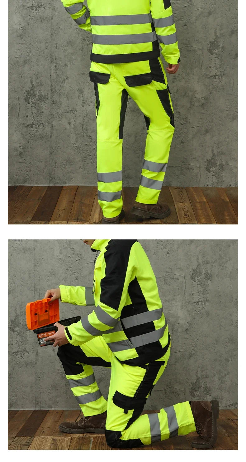 High-visibility neon yellow and black work trousers with reflective strips and cargo pockets.