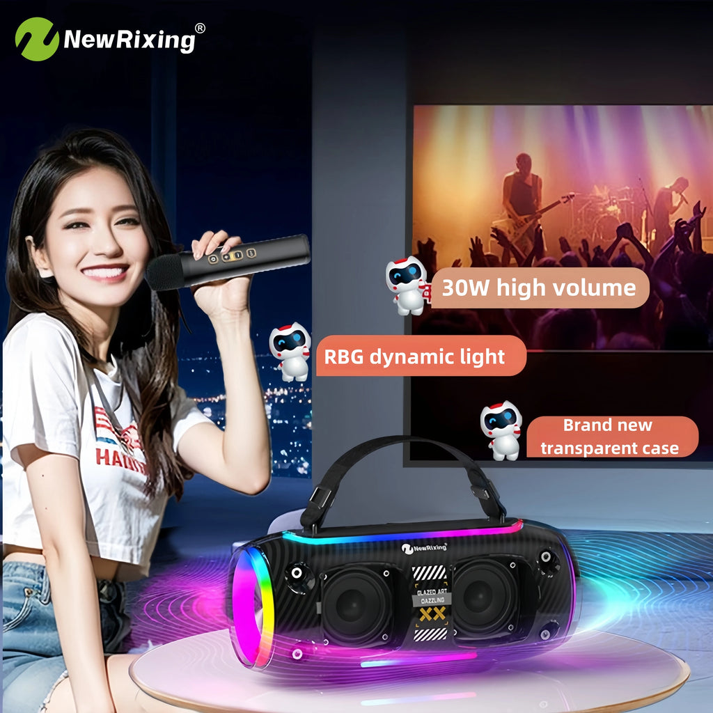 Portable wireless karaoke speaker with transparent casing, RGB dynamic lights, carry strap, and two microphones.
