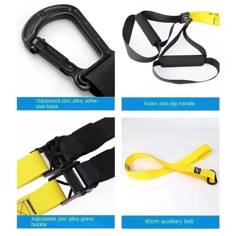 Four-panel view of a black and yellow suspension training strap, highlighting zinc alloy hook, foam handles, buckle, and belt.
