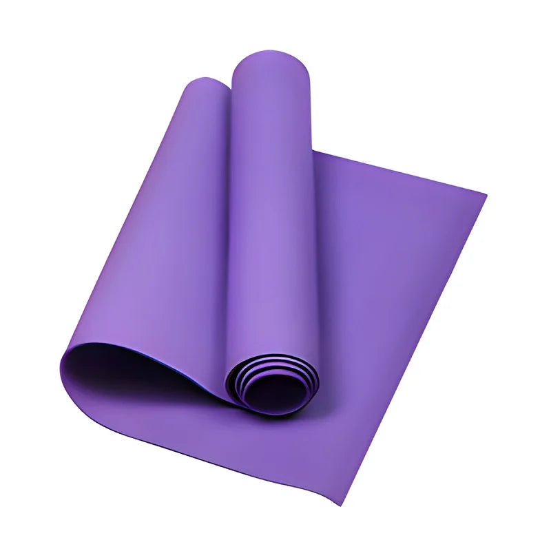 A vibrant purple yoga mat, partially unrolled, isolated on a white background.
