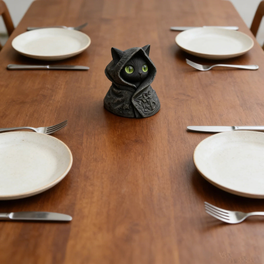 A black, resin cat figurine wearing a hooded, etched robe with bright green eyes, sitting on a wooden dining table.