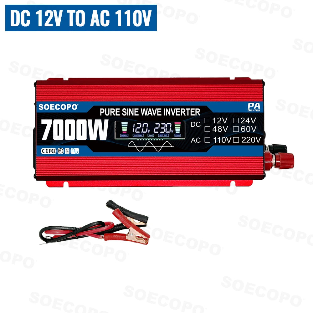 Red pure sine wave power inverter with a digital display and included battery connection cables.