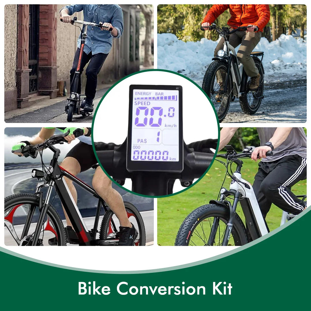 Black electric bike LCD panel showing blue speed and battery metrics mounted on handlebars.
