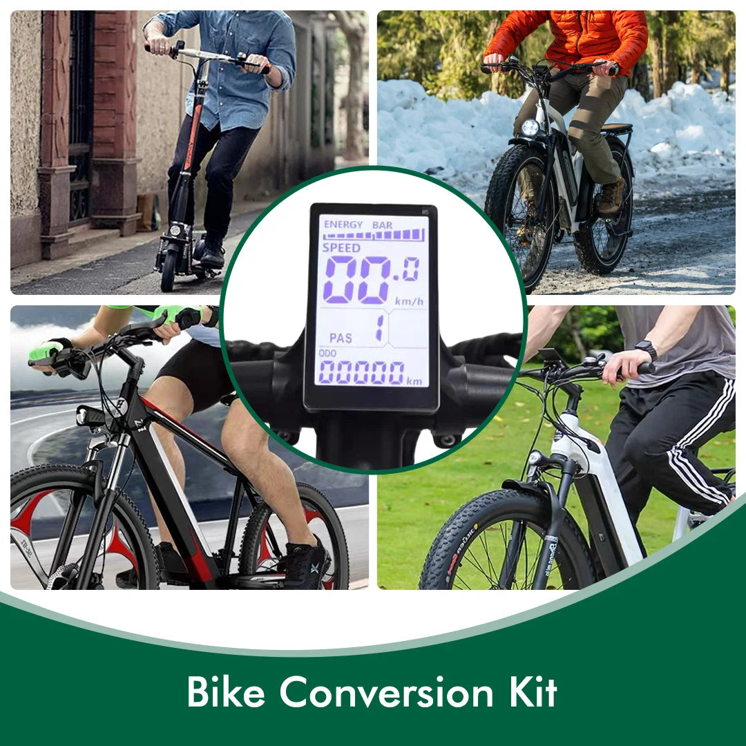 Black electric bike LCD panel showing blue speed and battery metrics mounted on handlebars.