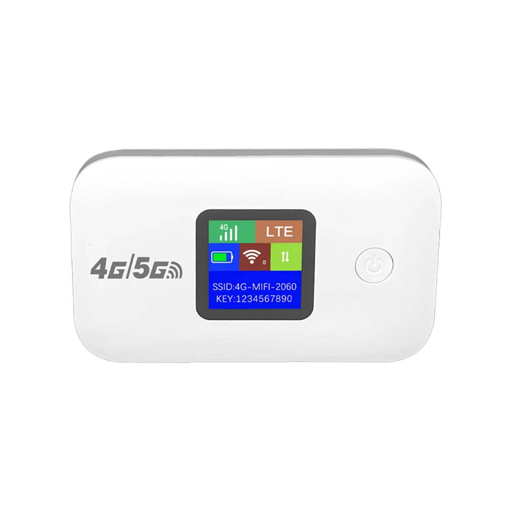 White, portable 4G LTE wireless WiFi router with a central digital display showing signal and battery status.