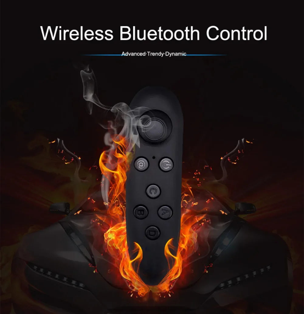 Black, sleek, wireless Bluetooth remote controller with a joystick and five circular buttons, framed by fire imagery.