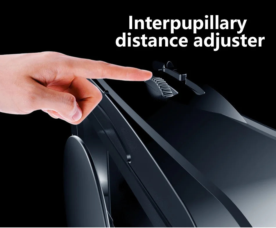 A hand pointing at a black, sleek interpupillary distance adjustment wheel on a modern device.