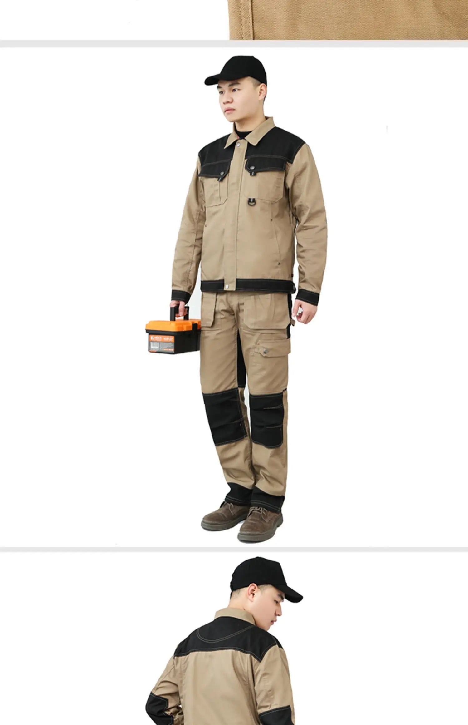 Men’s beige and black cotton cargo work trousers with multi-pocket detailing and reinforced knee panels.