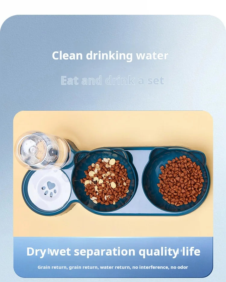 Blue 3-in-1 pet feeding station with two cat-ear-shaped food bowls and an integrated gravity water dispenser.