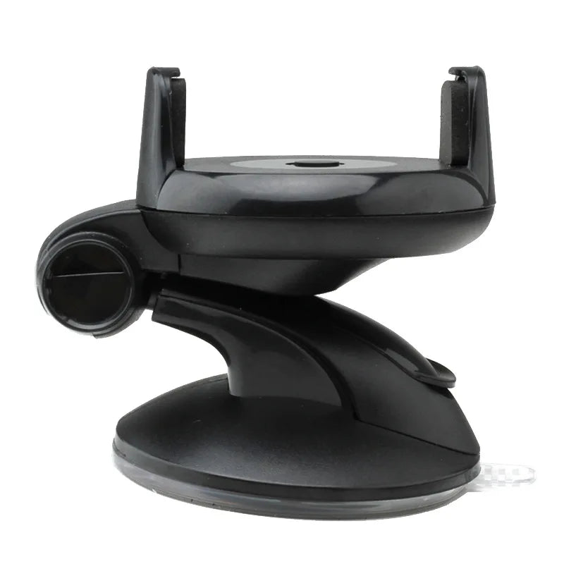 Black car phone holder with a strong suction cup base, adjustable grip arms, and a rotating joint for easy viewing.
