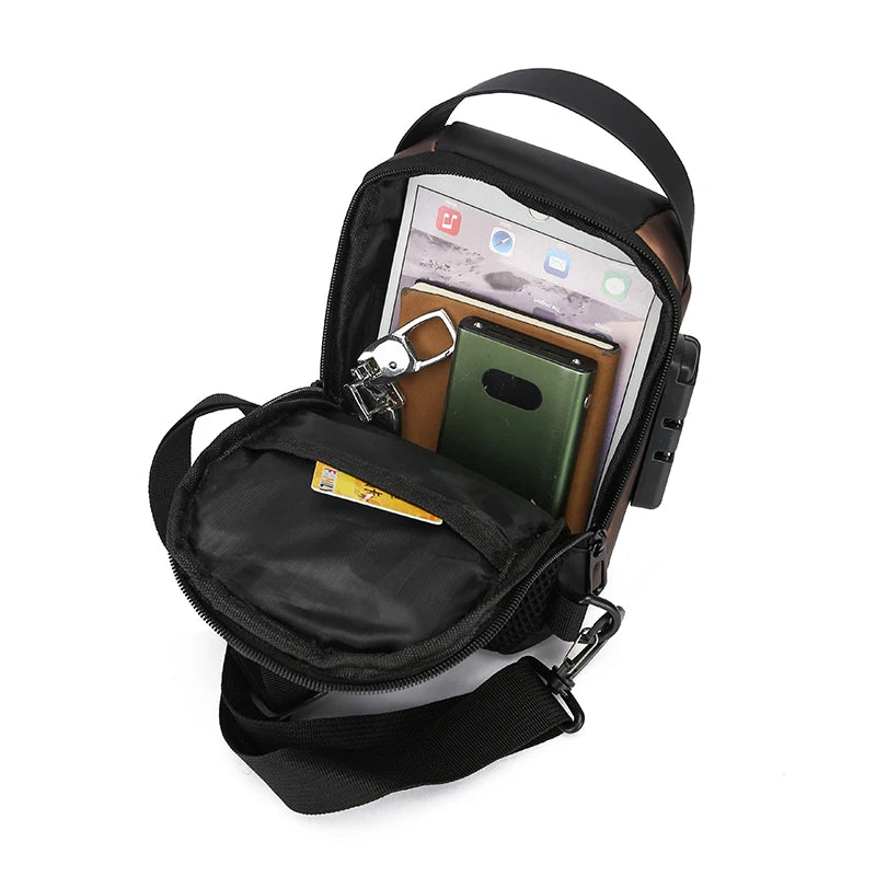 Open brown and black anti-theft crossbody chest bag with internal tablet pocket, card slot, and side USB port.
