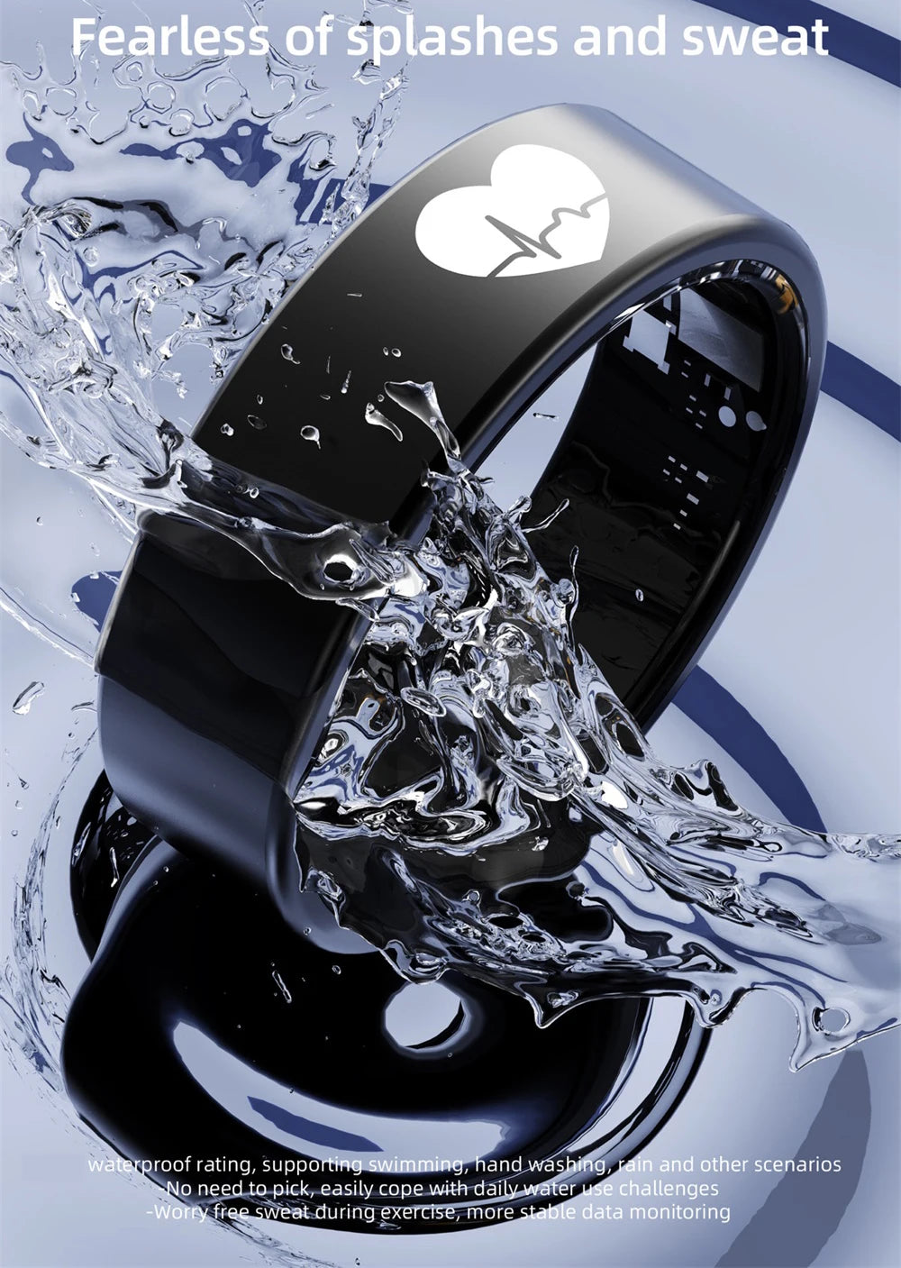 A sleek, black water-resistant smart health ring featuring a white heart-rate icon, shown splashed with water.