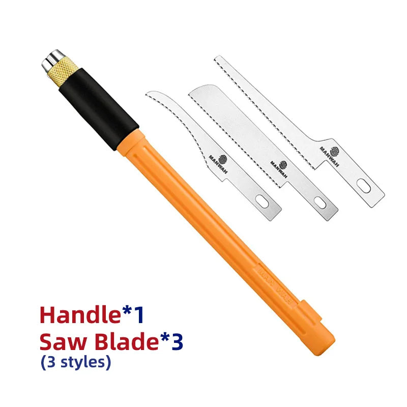 Orange hobby craft handle with three interchangeable metal saw blades for precision cutting and modelling.