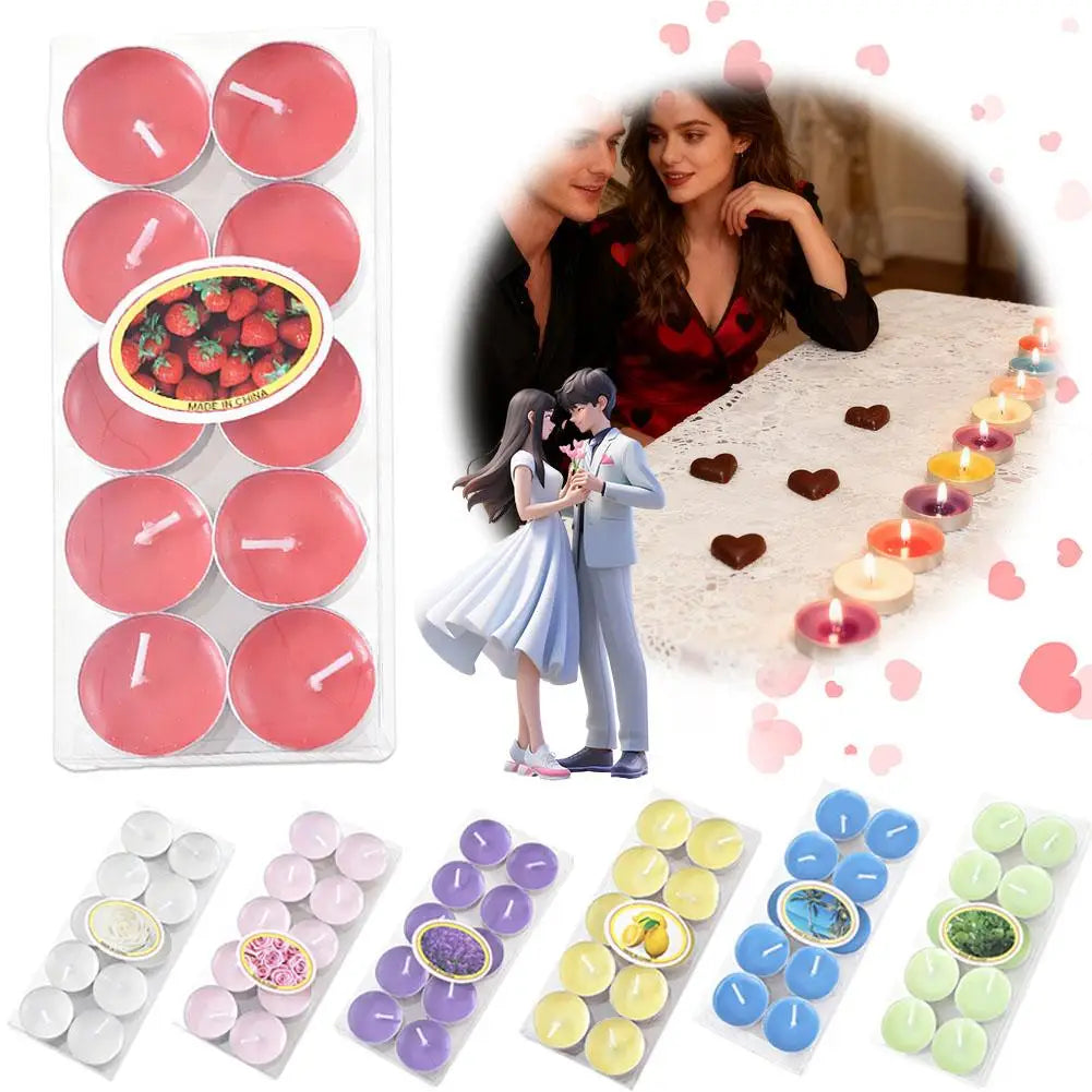 Pack of strawberry-scented pink tealight candles, with additional colour options shown below for romantic home decor.