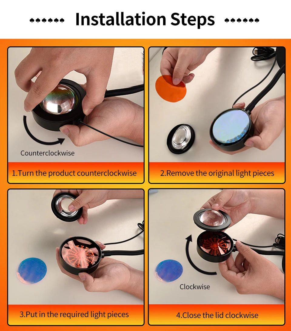 Four-step guide showing how to swap the circular colour filters on a black smart sunset LED projection lamp.