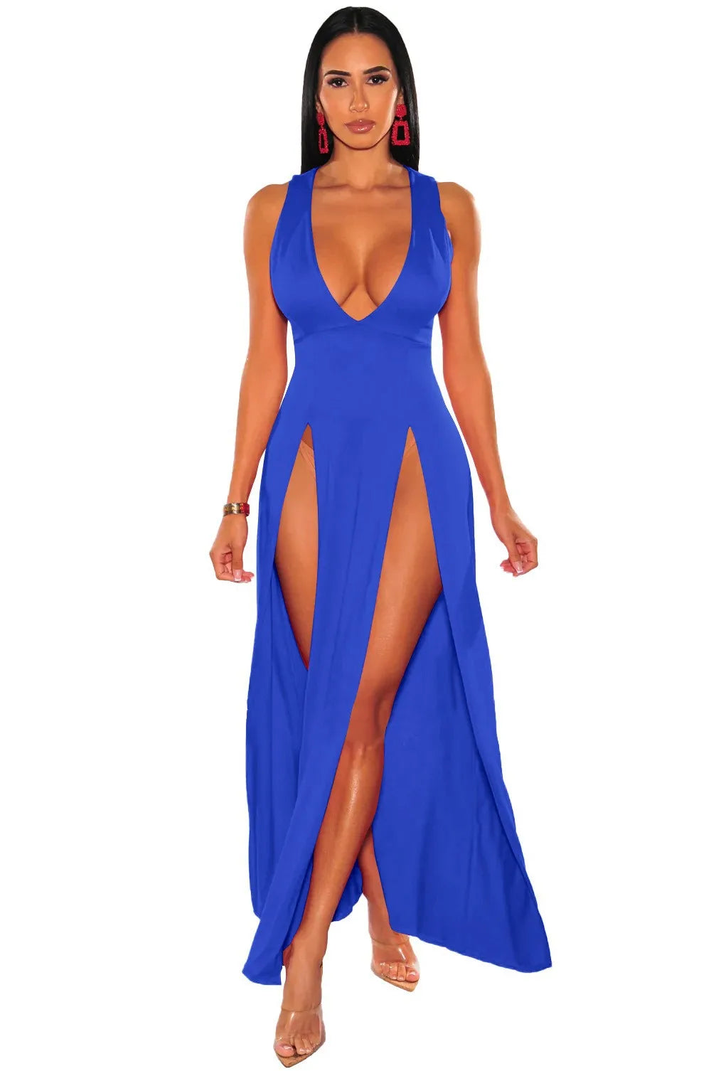 Royal blue bodycon maxi dress with plunging V-neck and dual high thigh slits worn by a model.