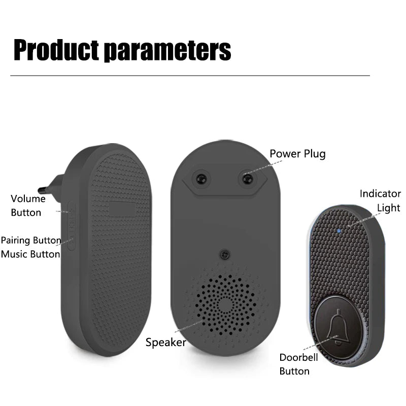 Black wireless doorbell set with textured finish, featuring a plug-in speaker and button with 32 chime tones.