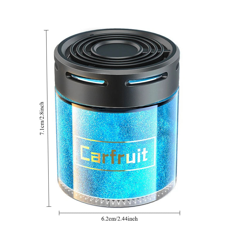 Cylindrical car air freshener with a black top and a transparent container holding sparkling blue gel crystals.