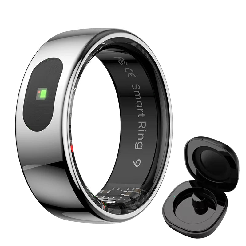 Sleek silver smart health and sleep tracking ring with internal sensor and its compact black charging case.