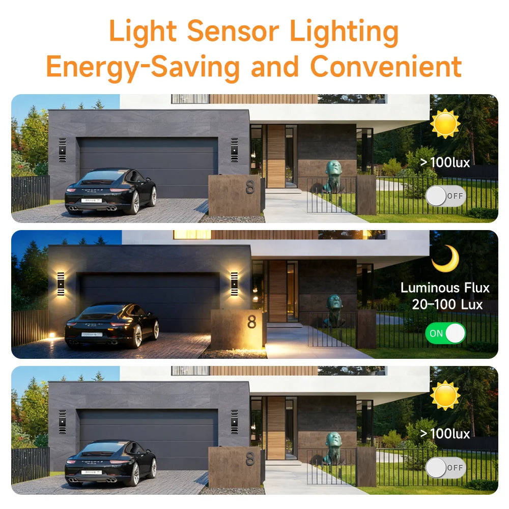 Modern black rectangular LED outdoor wall lights mounted on a house exterior, automatically activating at night.