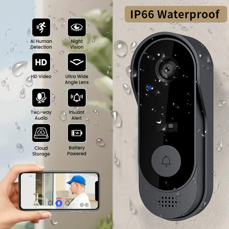 Sleek, grey wireless video doorbell with HD camera, night vision, and waterproof design, shown with mobile app control.