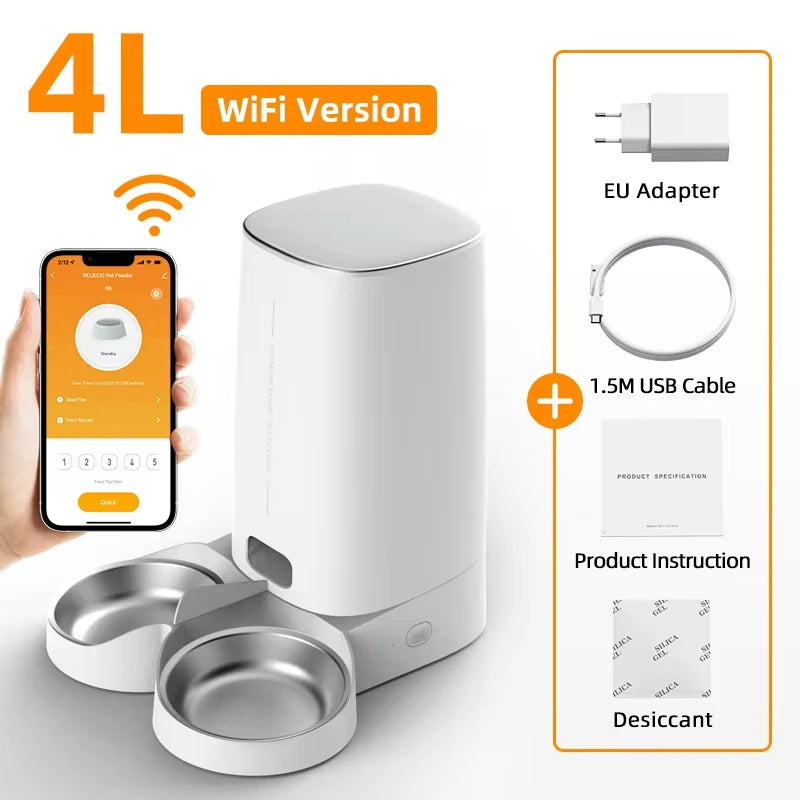 White 4L WiFi automatic pet feeder with dual stainless steel bowls, app control, USB cable, and accessories.