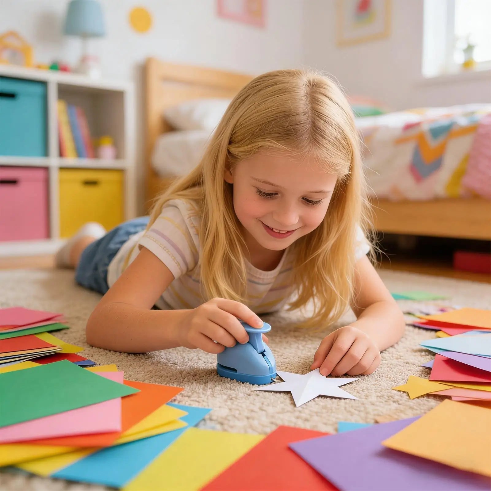 A young girl lying on a carpet using a blue handheld craft punch to create star shapes from colourful paper.