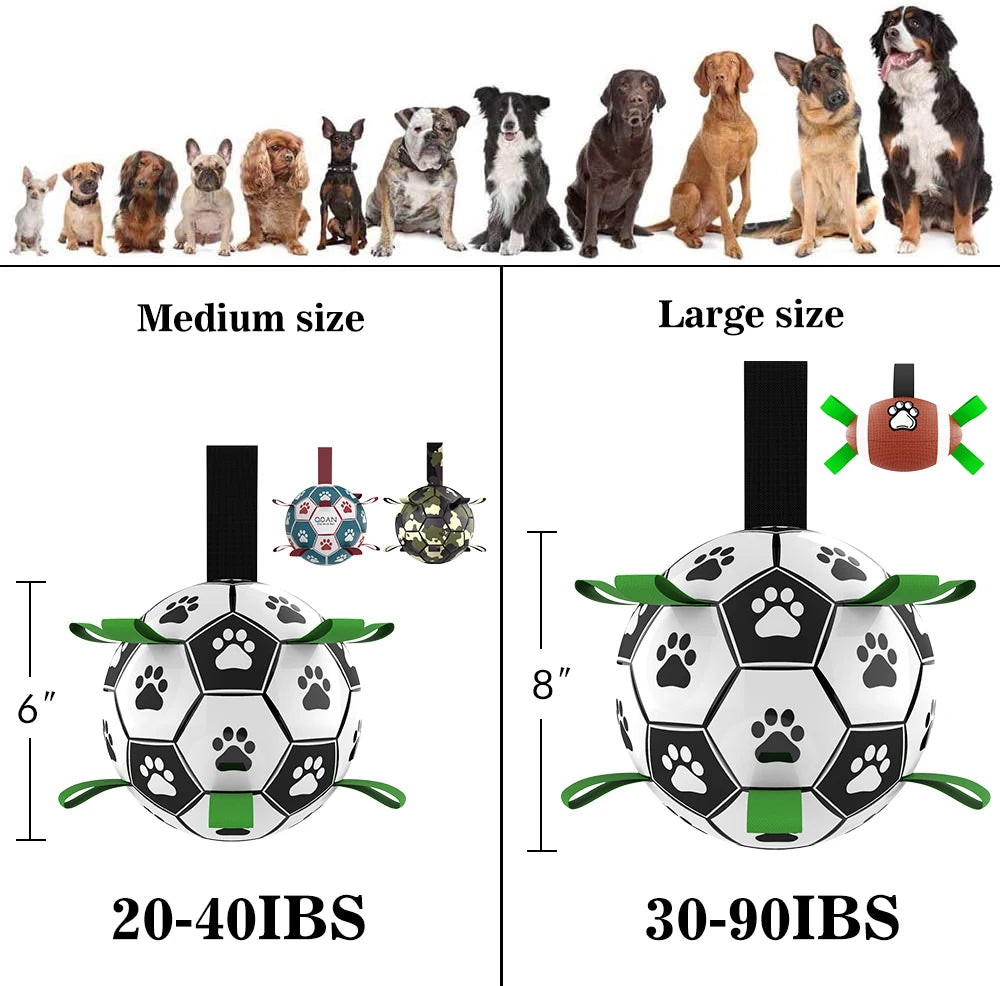 Interactive dog soccer balls with paw print patterns, green grab straps, and nylon handles in medium and large sizes.