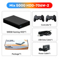 Black 500GB external gaming HDD with two game controllers, USB cable, power adapter, and retail box.