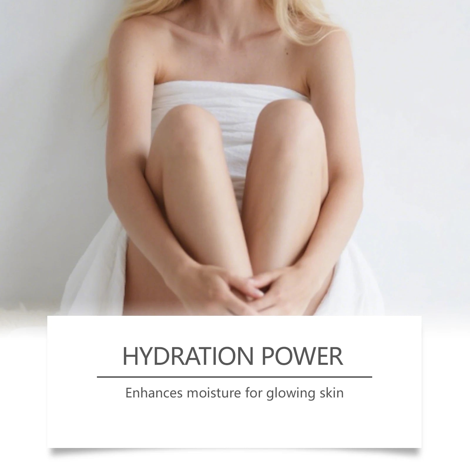 Blonde woman wrapped in a white towel, sitting against a white background with "Hydration Power" text overlay.
