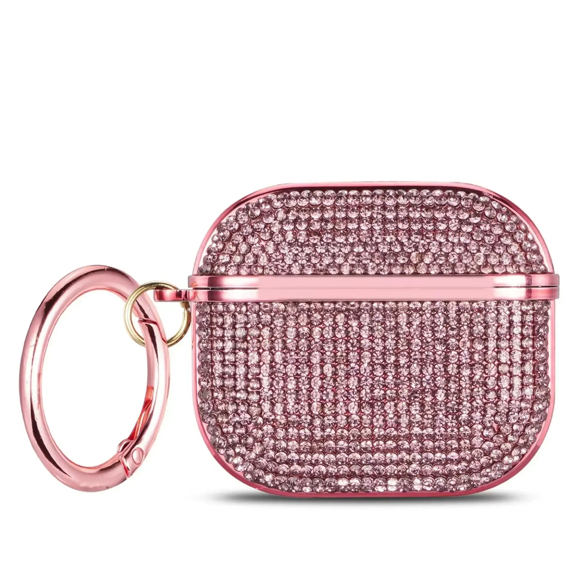 Pink rhinestone AirPods case with metallic ring attachment, compatible with AirPods Pro.