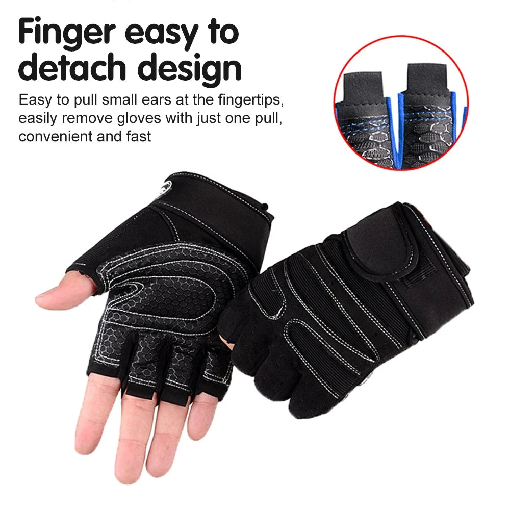 Black fingerless gym gloves with textured palms, wrist straps, and pull-tabs on fingers for easy removal.