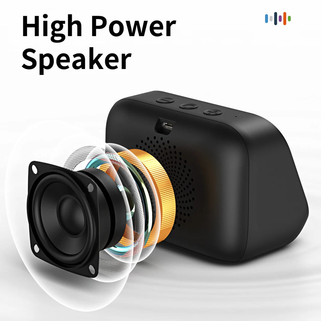 A sleek, black multifunctional smart speaker with a visible internal driver and gold-toned speaker components.