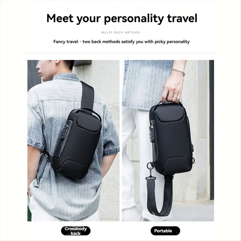 A sleek black anti-theft crossbody bag with a USB port, shown being worn as a shoulder bag and carried by its handle.