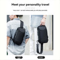 A sleek black anti-theft crossbody bag with a USB port, shown being worn as a shoulder bag and carried by its handle.