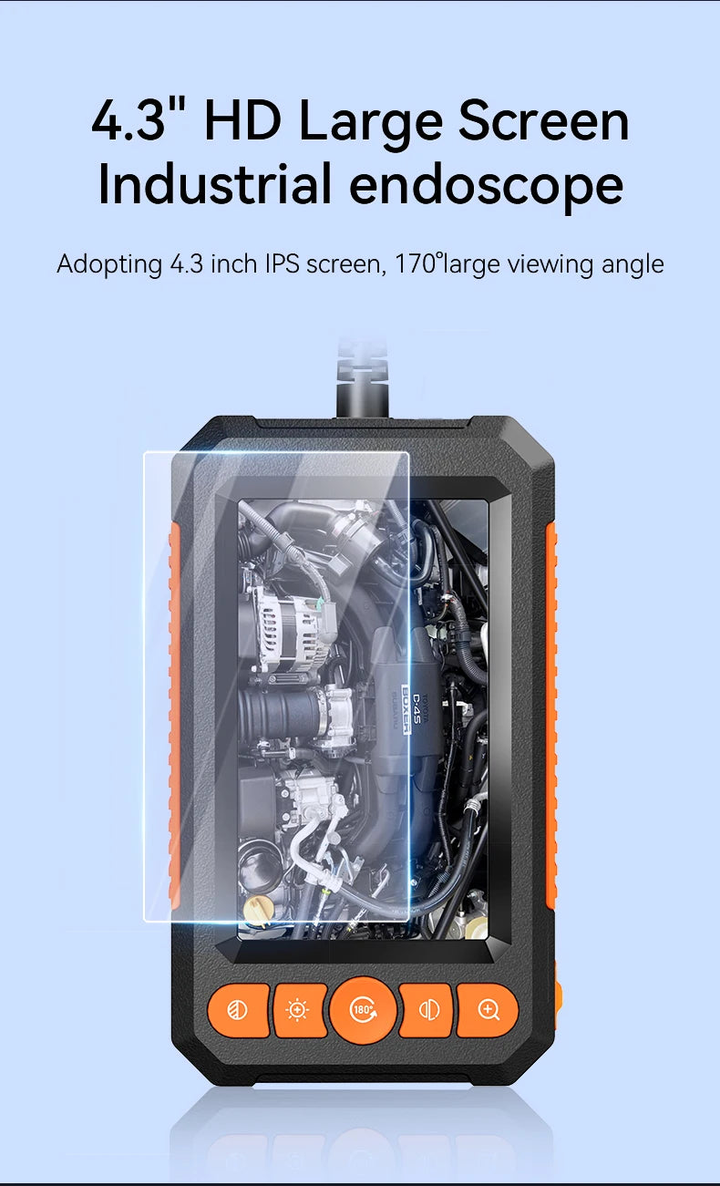 Industrial borescope with 4.3" screen, black and orange rugged casing, and buttons for camera control.