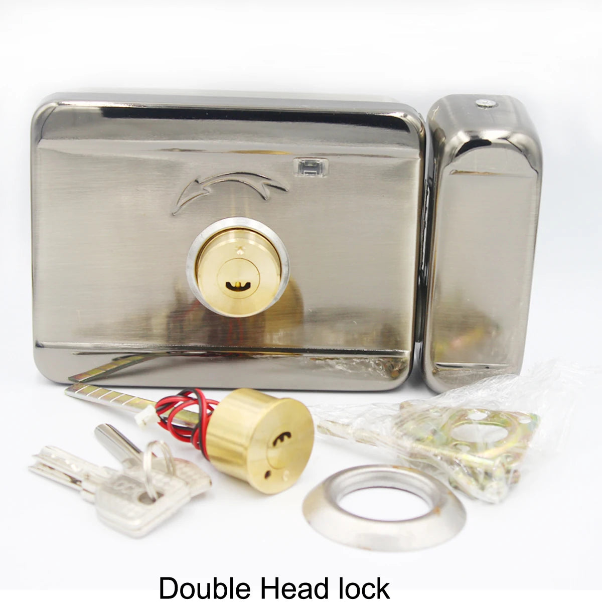Silver stainless steel double head electric door lock with a brass cylinder, keys, and mounting hardware.