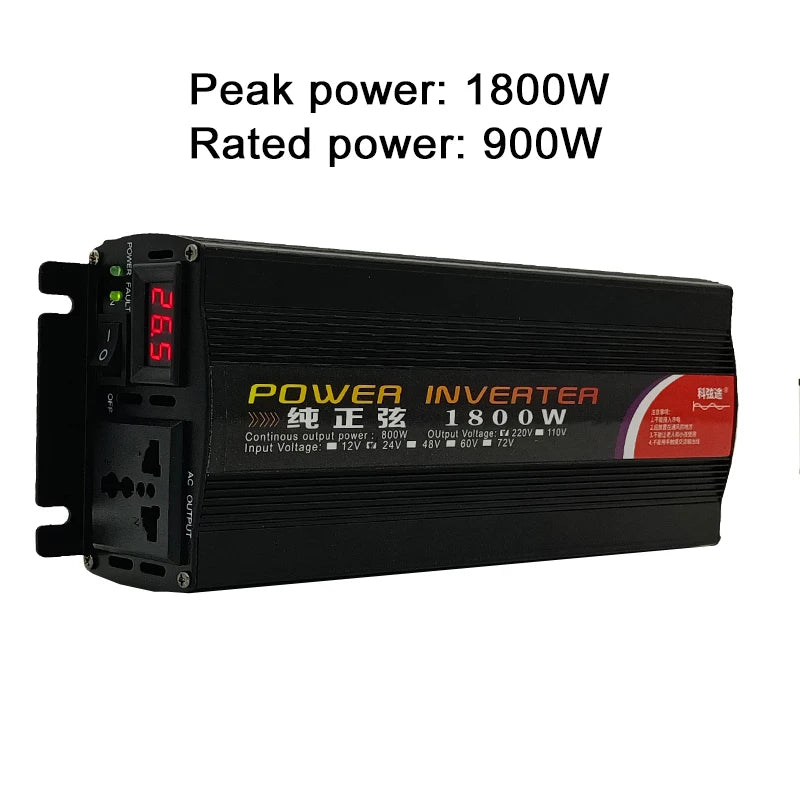 Black 1800W power inverter with digital voltage display, status lights, power switch, and AC output socket.