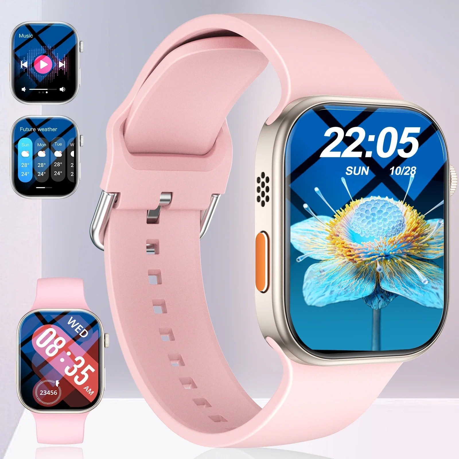 Pink multi-sport smart watch with a large rectangular display, silicone strap, and customisable watch faces.