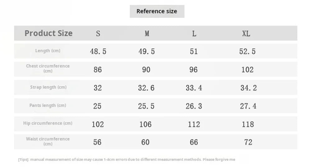 Size reference chart for clothing showing length, chest, strap, pants, hip, and waist measurements in cm for sizes S-XL.