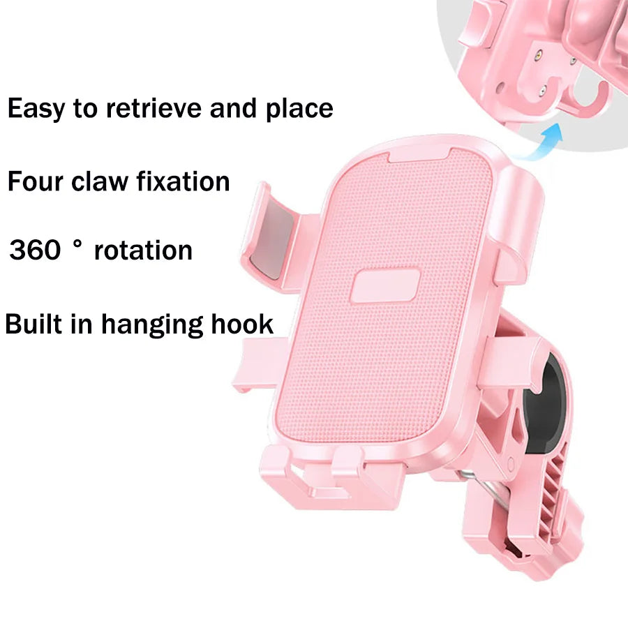 Pink 360-degree rotating mobile phone holder with four-claw grip and built-in hook for secure mounting.