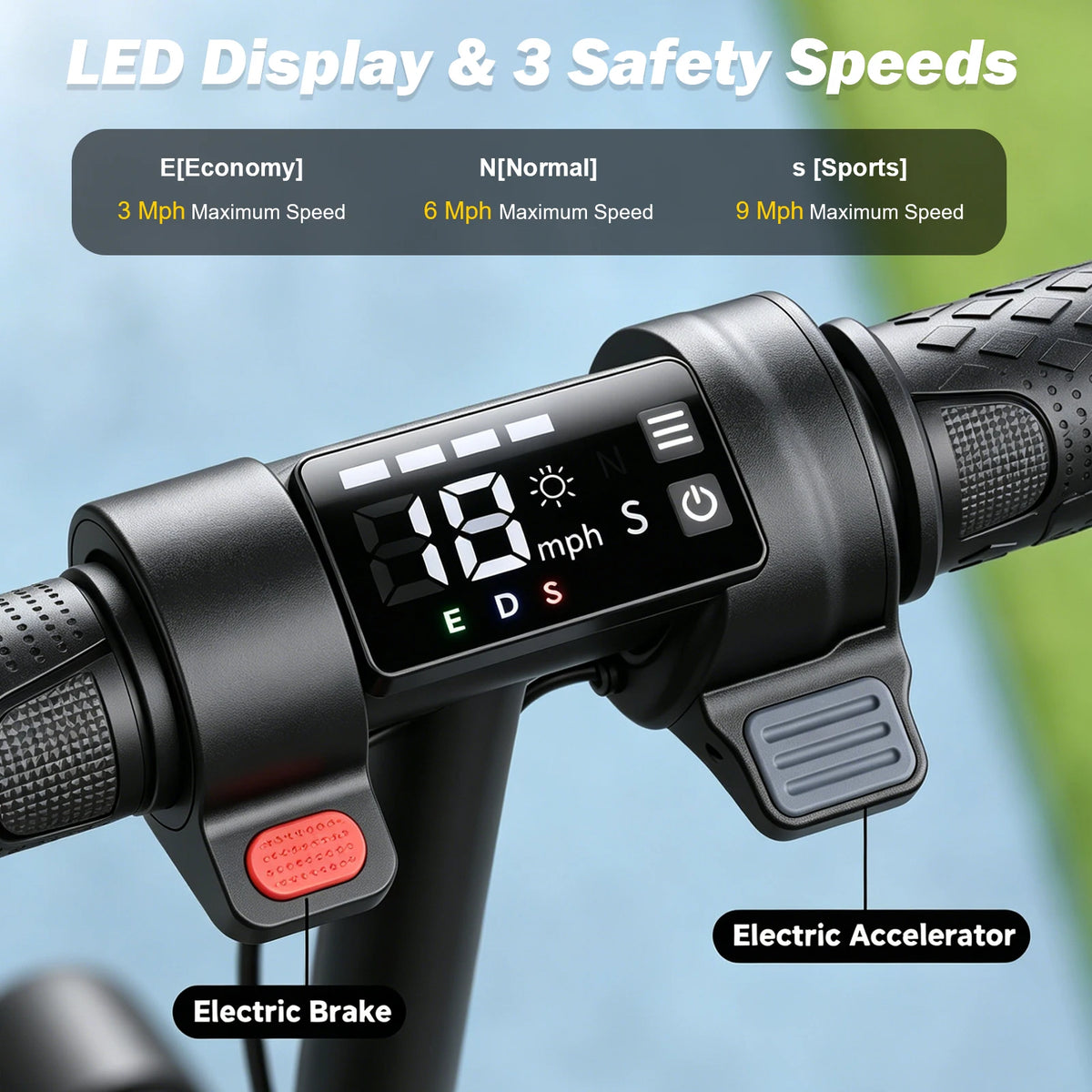 Black kids' electric scooter handlebars with central digital LED display, red brake, and grey accelerator.