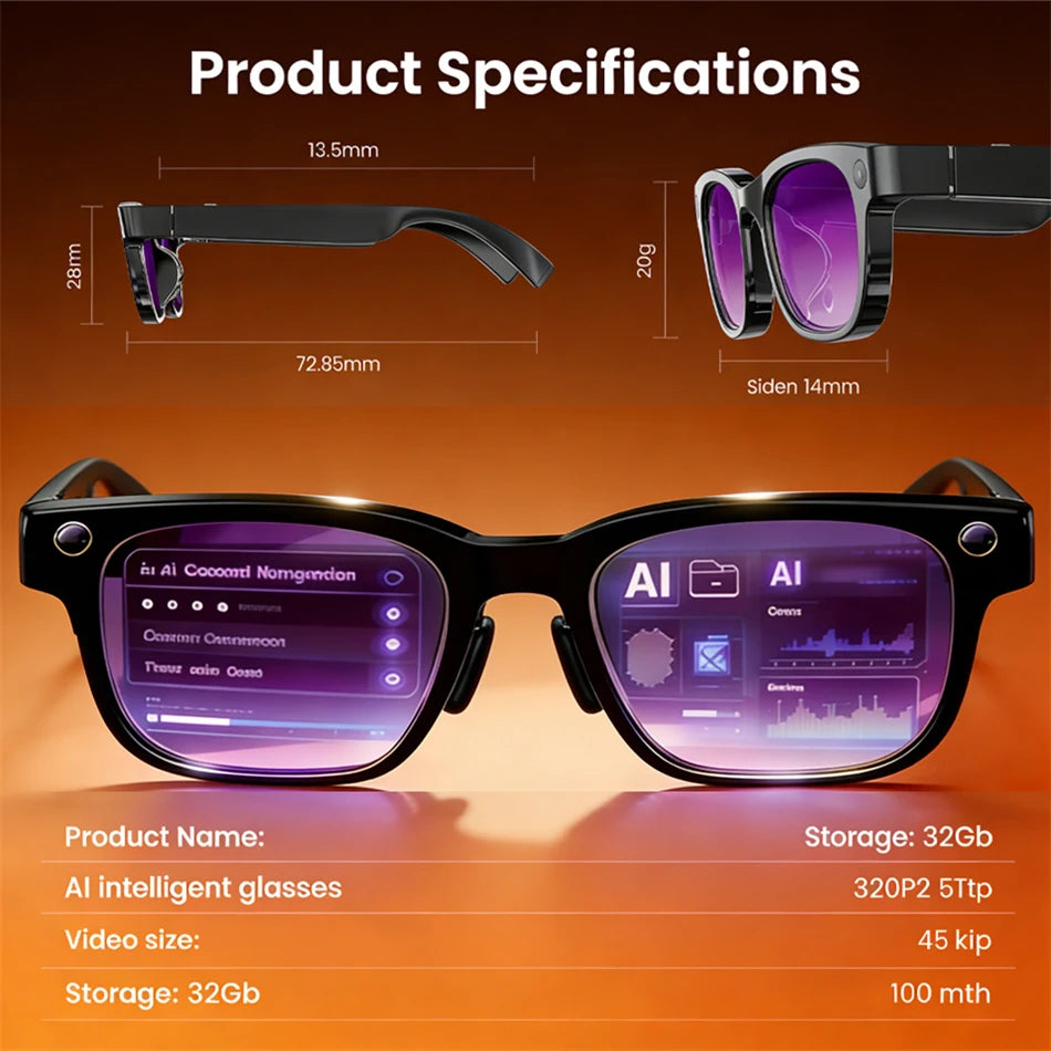 Black smart AI glasses featuring a sleek frame, integrated camera, and lenses displaying a digital HUD interface.