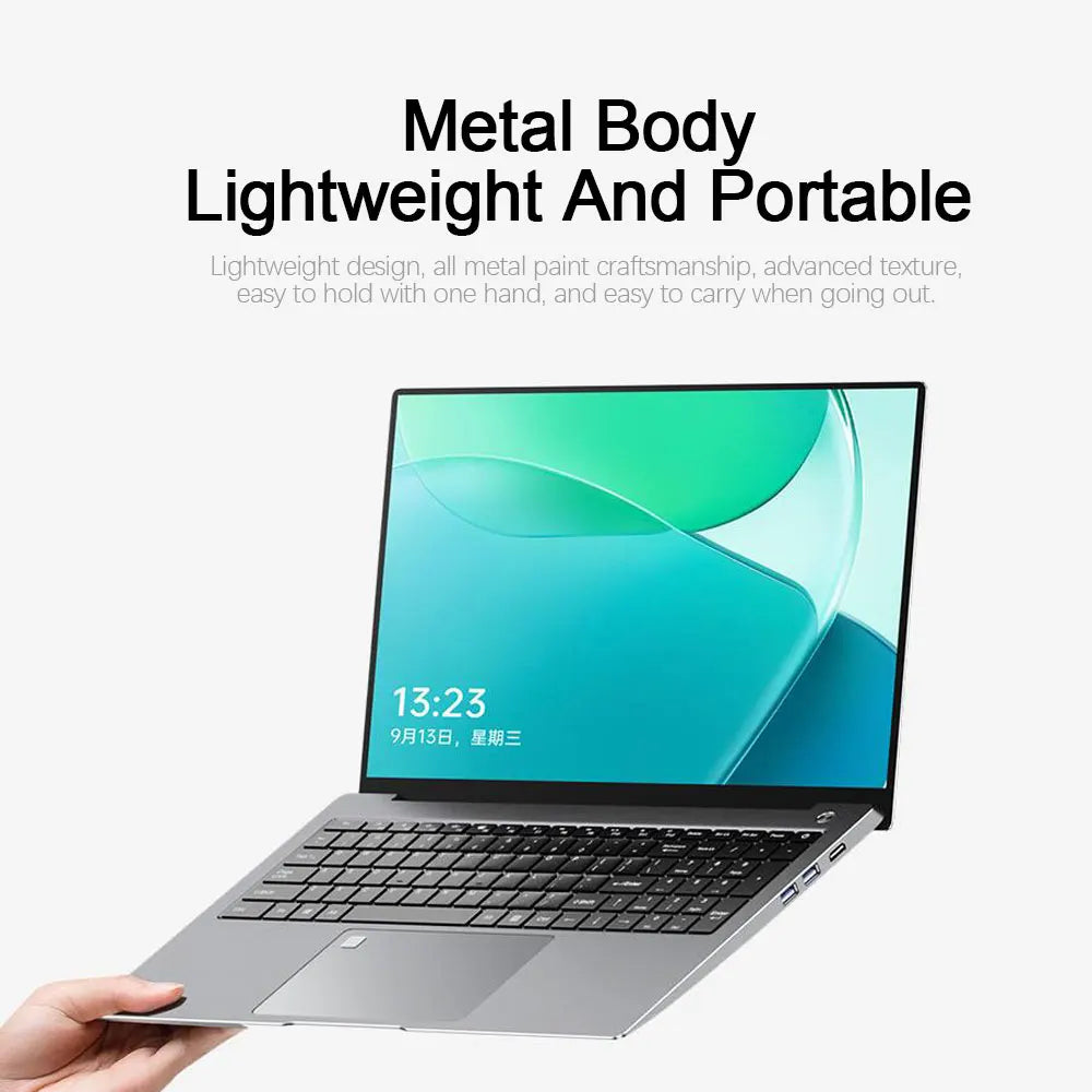 Sleek silver 15.6-inch gaming laptop with a slim metal body, thin-bezel touchscreen, and full-size black keyboard.