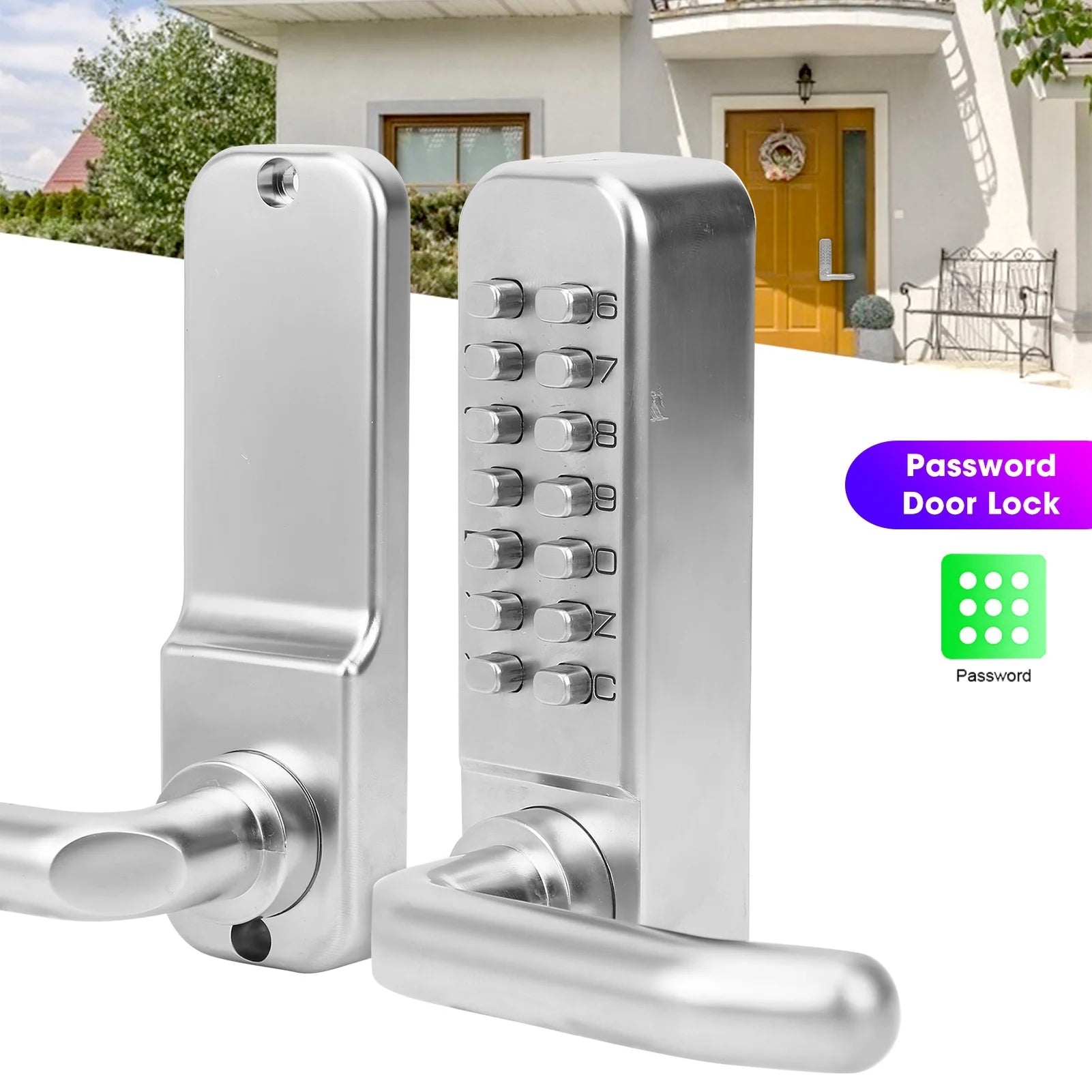 Silver stainless steel mechanical push-button door lock with lever handle and numeric keypad.