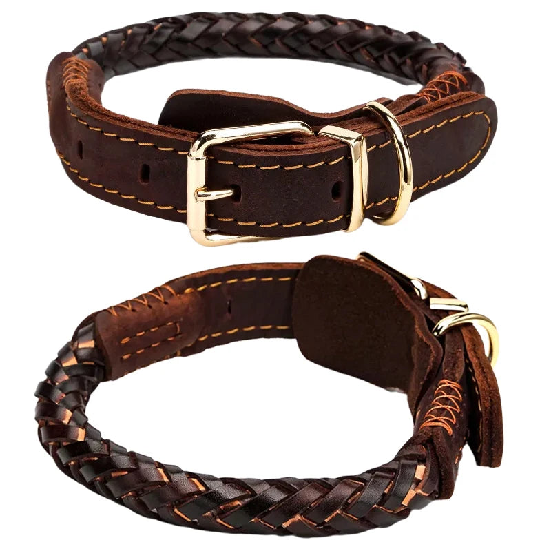 Dark brown braided real leather dog collar with gold-tone buckle and D-ring, featuring contrast stitching.
