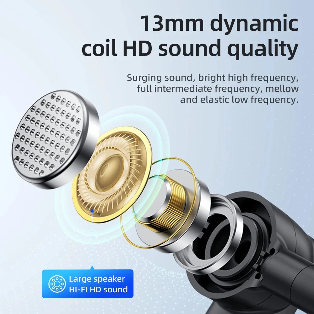 Exploded view of a wireless earbud showing the internal 13mm speaker driver components for high-quality audio.
