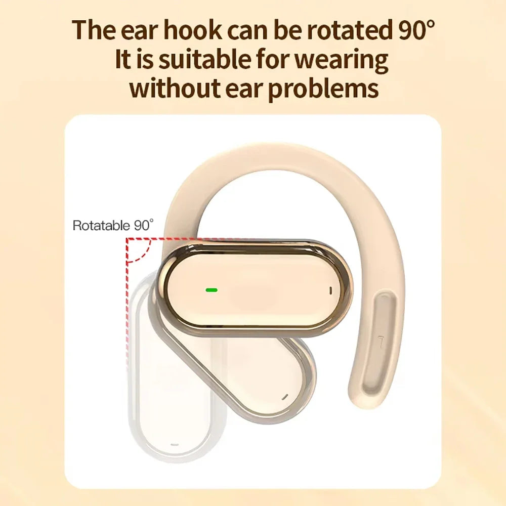 Beige wireless ear hook with a metallic gold accent and a 90-degree rotatable design feature.