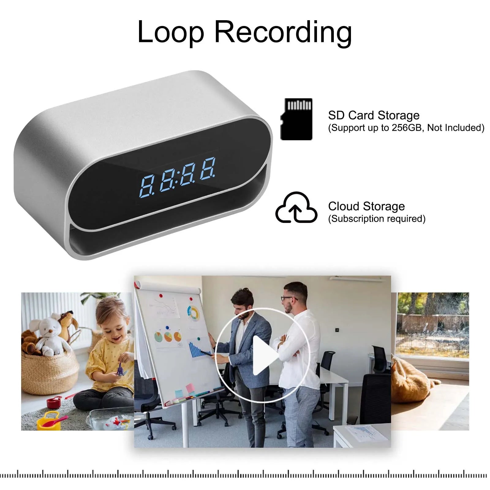 Silver metal digital clock with hidden security camera, featuring loop recording, SD card slot, and cloud storage.